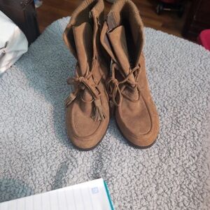 Franco Sarto Tan Suede Lace-Up Ankle Boots with Tassels